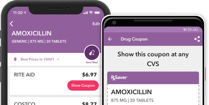 RxSaver Mobile App Displaying Amoxicillin, Escitalopram Oxalate, Levothyroxine Sodium and Prices